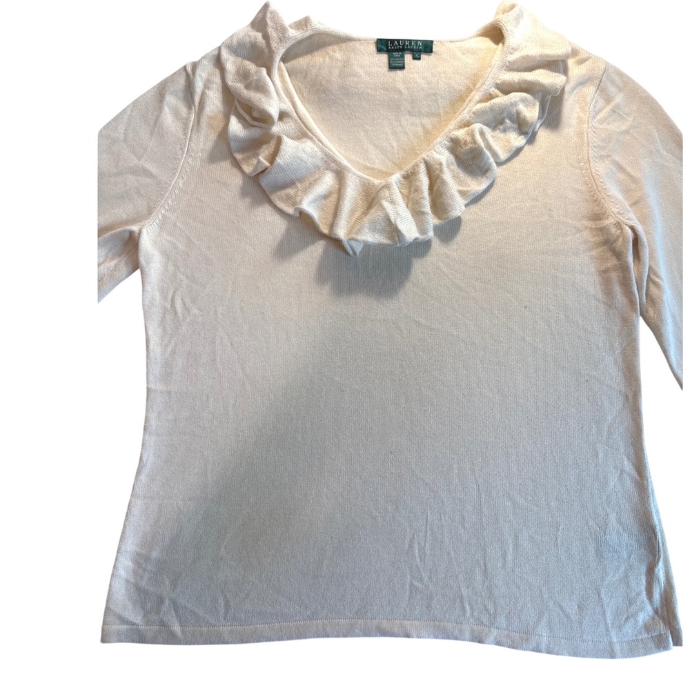 Lauren Ralph Lauren Silk Cashmere Ruffle V-Neck Sweater Cream XL